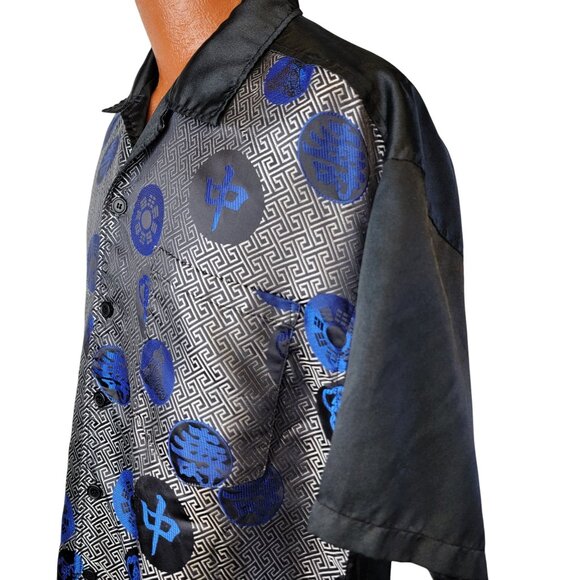 Vintage Y2K Satin Asian Shirt Men Large Black Blue Button Up Casual Short Sleeve - Picture 14 of 16